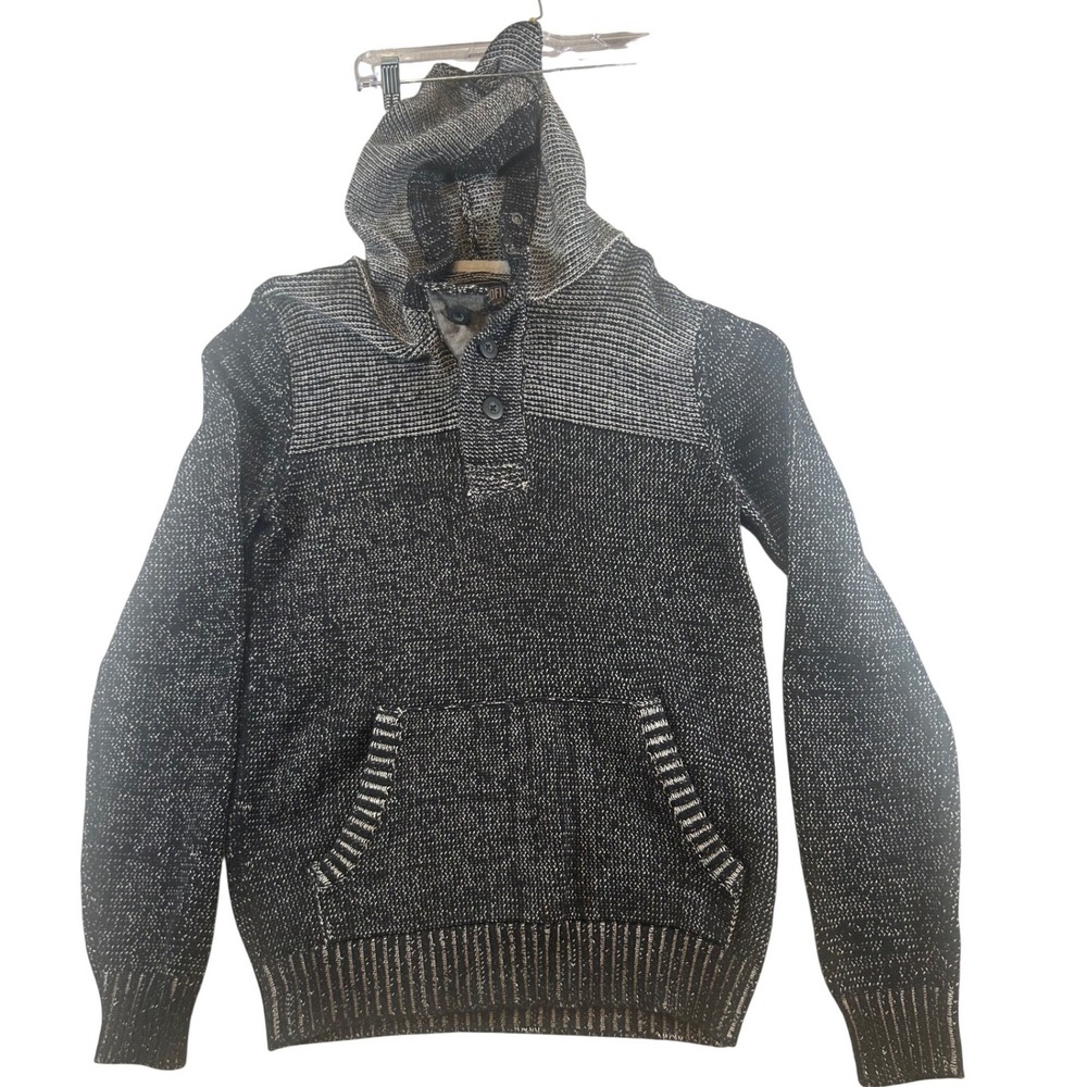 Retrofit Brand Mens M Gray Black Textured Knit Henley Hoodie Sweater Medium
